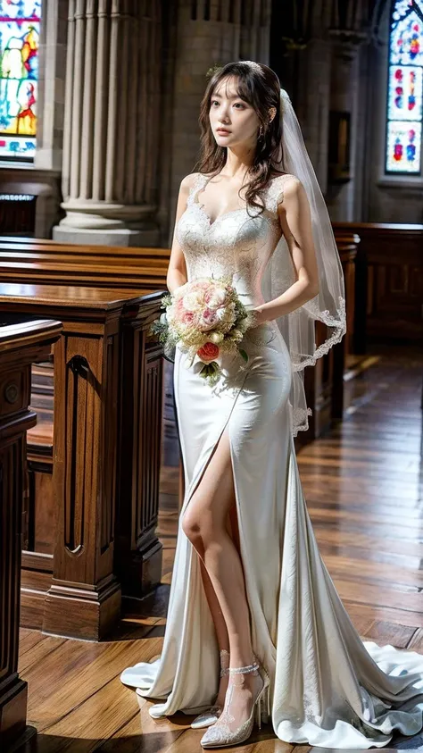 A beautiful young Japanese woman, 26 years old, with healthy thighs, beautiful legs, flawless skin, random hair color and style, large breasts, wearing a (wedding dress:1.3), (she is standing:1.2), full body shot, high heels, holding a bouquet in her hands...