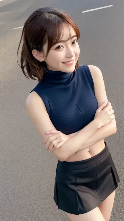 pixel perfect, Perfect in every detail, alone, 1 girl, Saten Ruiko, medium breasts,wave hair,turtleneck,,mini skirt,smile,stylish pose,stylish angle,looking at the viewer,in the center of the image,alone,