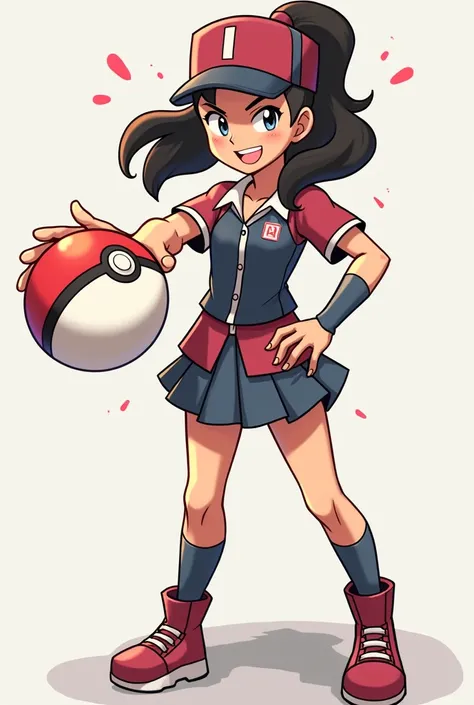 her pose could be having one of her hands on her hips, and the
other hand holding a Pokéball toward the front of the "camera", with a wink and smile on
her face