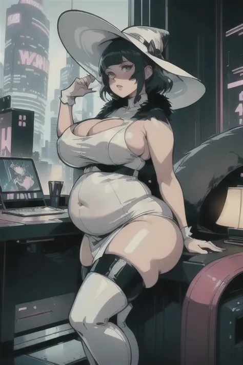 (best quality),(thick outline), (cartoonish) (high resolution), (detailed),1woman, curvy lady, thicc, (((chubby belly))), large breasts, futuristic style, future fashion, cyberpunk, large black hat, glamour, ((white dress)), black short hair, red lipstick,...