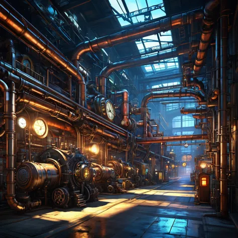 industrial area where the near future and the past come together, with exposed piping, machinery, machine parts, steampunk, dieselpunk, and clockpunk worldview, and brilliantly colored LED lighting,  another dimension, effective effects, bold and dynamic, ...