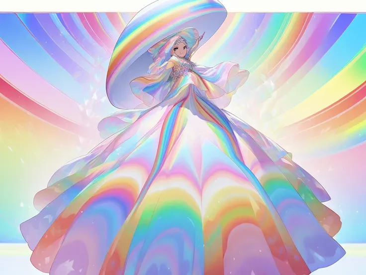 a full body image of a beautiful hijab lady wearing huge hat, a flowy rainbow dress with bright rainbow colour link with rainbow colours background. she is dancing like in the fantasy. Suler clear image.