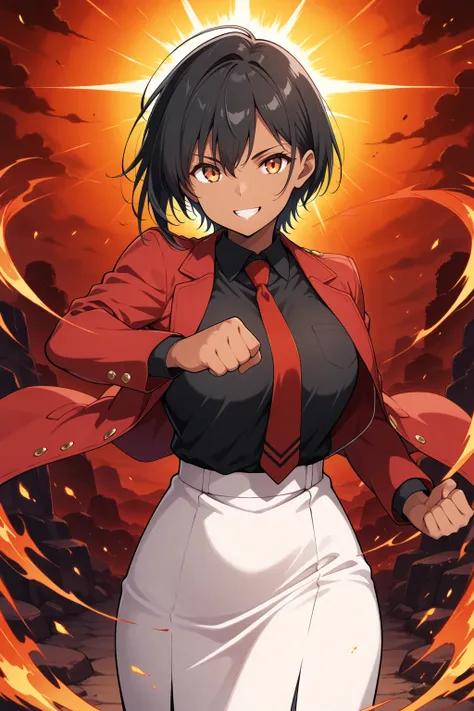 score_4_up, score_9, score_8_up, score_7_up, score_6_up, score_5_up, good hands, high quality, extreme details, masterpiece,1girl, solo, grey black hair, short hair , red school jacket opened, black shirt inside with a red tie, white skirt, orange eyes, sm...