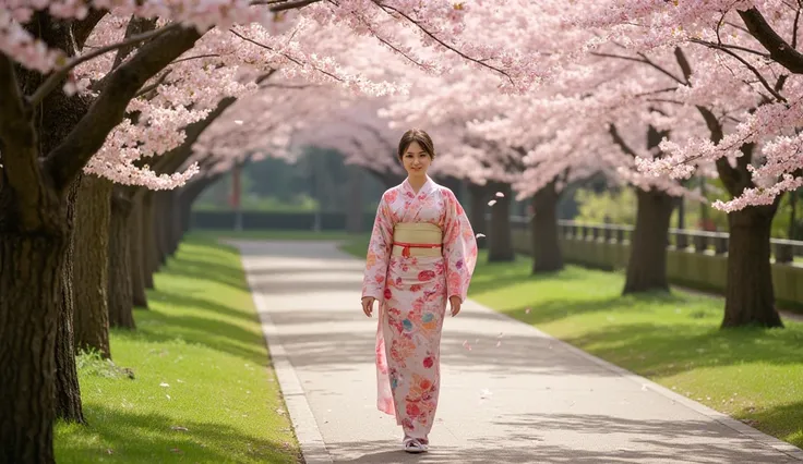 "A Japanese woman wearing a kimono, walking along a path covered with falling cherry blossoms."