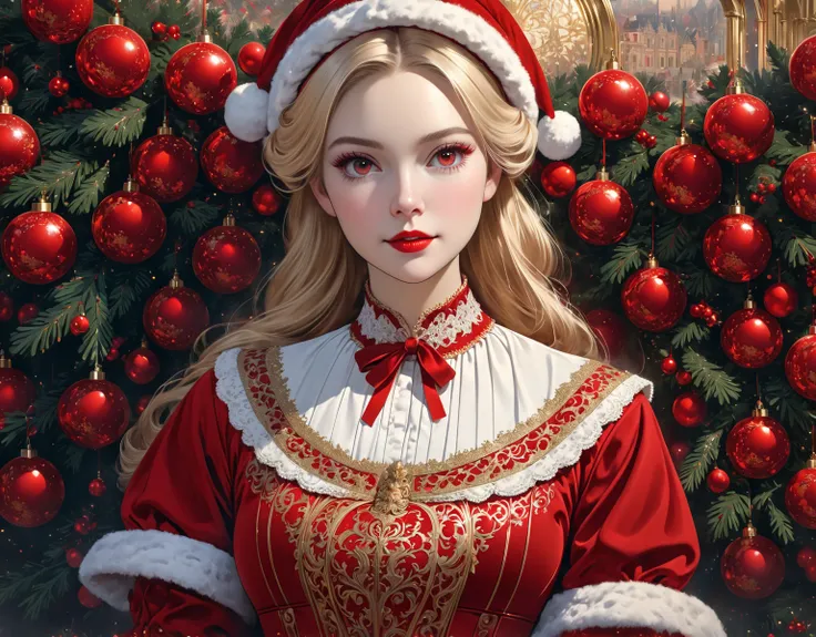 Mrs Claus as a young women. red velvet, victorian christmas. Golden-blonde hair. thin waist, thick luscious lips, large heavy lidded eyes, long eyelashes. Feminine., fit, lithe figure. Official Art – An Award-Winning Digital Masterpiece In 4K Ultra HD, Ext...