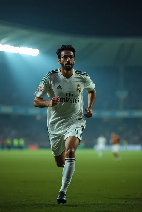 Pakistani soccer player with glasses, wet hair down, no beard, real Madrid jersey, running in stadium, Instagram profile picture, low quality, at night