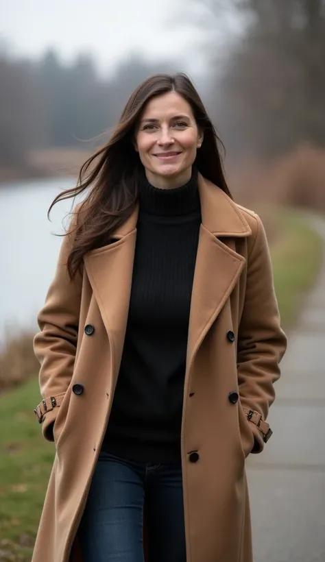 A 36-year-old woman walking along a river trail, dressed in a turtleneck and coat.