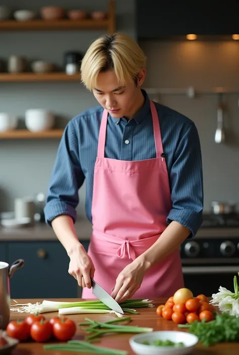 Japanese male, 20 years old,Standing behind the chefs table,There are many cooking ingredients on the table,two-block straight Blonde hair,blue formal shirt, with small black stripes,Black formal trousers,Pink chef apron,Slice the spring onions with a kitc...