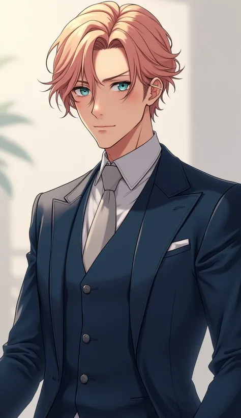 A handsome mature ANIME GUY with Peach hair and Sky Blue eyes wearing a Dark blue colored suit.