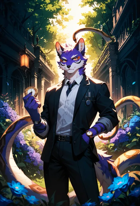 (best quality, high resolution, ultra-detailed)silhouett(kemono, furry anthro)holding striking pocket watch, surrounded by flowers, snakes and darkness, illustrative rendering, intricate details, mysterious atmosphere, vibrant colors, dynamic lighting , Go...