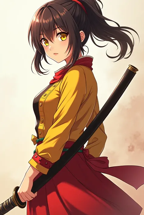 Anime: A girl name Miya, 18 year old, wearing a adventurer oufit, waist have a Katana, Yellow and mixed with little bit of red, Yellow eyes and she is a single sword Katana user.