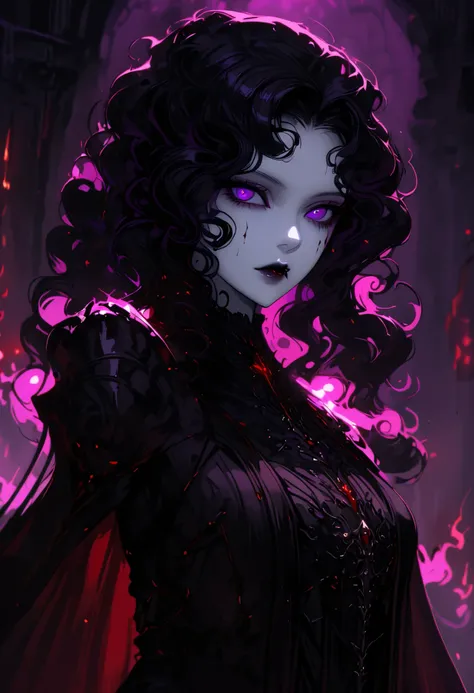 solo, female, loose long black hair, hair curls:0.3, deep purple eyes, pale white skin, dhapyr, black clothes, fantasy, vampire, night, dark, subdued bloodthirst, elegant but practical clothes, luxurious, stoic, iron fire pit, close up, well-lit, dual blad...