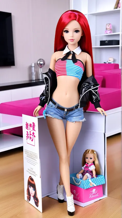 Unboxing real doll. the doll in the box, bimbo body style, fully clothed, wearing club fashion. the box is on the table of living room,