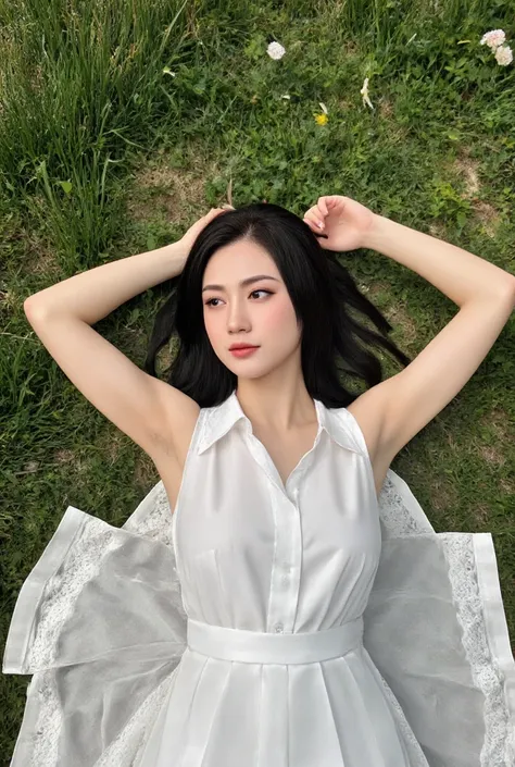 Portrait photography, realistic, Wong Kar-Wai movie, close up, from top down shot of a beautiful Asian woman lying in ground with grass and small flowers, she coy smiling, she rise a arm up, smooth under arm skin, beautiful makeup, she wearing sundress