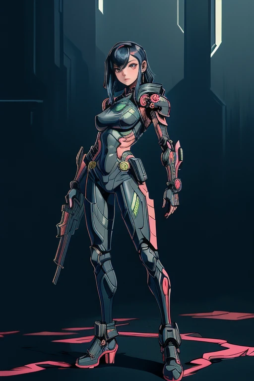 masterpiece, supper fine illustration, Correct human body, Correct number of arms,The correct number of fingers, ((Show the whole body)), A futuristic bounty hunter 。 wears cyberpunk style armor、 a woman with an energy gun in one hand 。