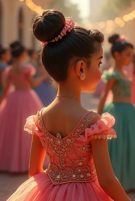 Quinceañera white skin with short curly hair on the back with a fifteen-year-old dress that is on the back