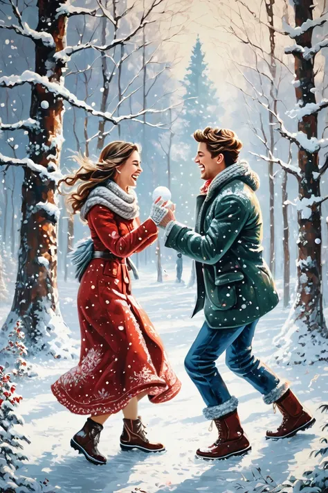 photo of A couple is having a snowball fight in the snow, surrounded by a peaceful forest. Only their laughter breaks the silence. Snowflakes gently fell, and the couples cheeks turned red from the cold. The painting style is romantic, with cool tones as t...