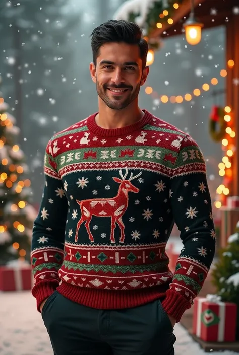 Handsome man wearing Christmas sweater with Christmas scenery 