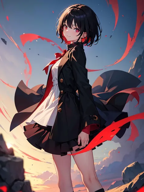 masterpiece, highest quality, highest quality, (no text), Beautiful and aesthetic:1.2),no text,anime、break,anime、break、 one girl、 Dark Haired Girl Short Hair 　 Slit Eyes Boyish 　adult　 beautiful eyes　Red and Black　red eyes, cool smile　 skirt　　 Black Coat　F...