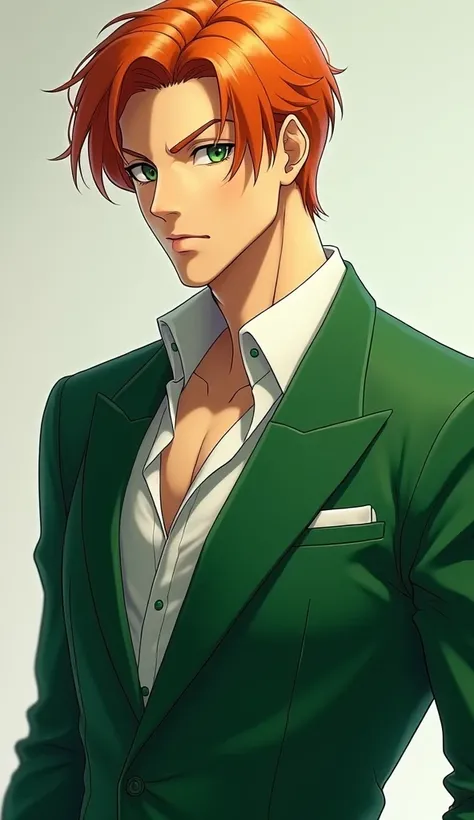 A handsome mature ANIME GUY with Orange hair and Green eyes wearing a Green colored suit.