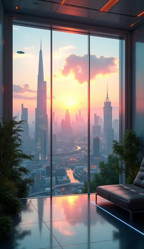  high image quality、A futuristic room with sleek, minimalist design featuring glass walls and neon accents. The view from the large window reveals a near-futuristic cityscape with towering skyscrapers, floating vehicles, and glowing lights. The skyline is ...