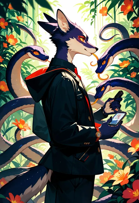 (best quality, high resolution, ultra-detailed)silhouett(kemono, furry anthro)holding striking pocket watch, surrounded by flowers, snakes and darkness, illustrative rendering, intricate details, mysterious atmosphere, vibrant colors, dynamic lighting , Go...