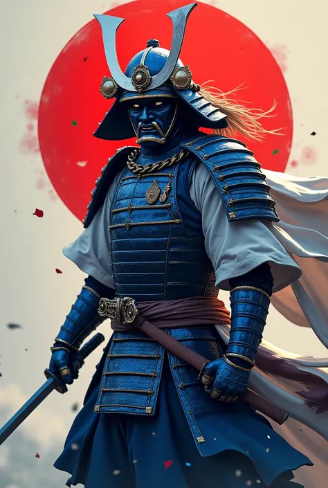 A Japanese style blue samurai with a Japanese flag