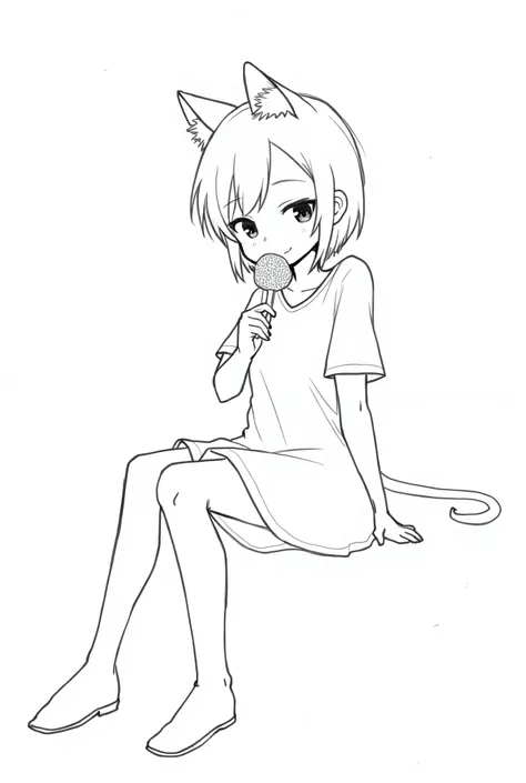 Sketsa Anime girl without coloring , casual style, sitting , short hair, Left bangs, dress, fan art drawing style, (with cat ears)