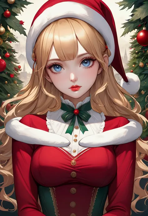 Mrs Claus as a young women. red velvet, victorian christmas. Golden-blonde hair. Cornflower blue eyes. thin waist, thick luscious lips, large heavy lidded eyes, long eyelashes. Feminine., fit, lithe figure. Official Art – An Award-Winning Digital Masterpie...