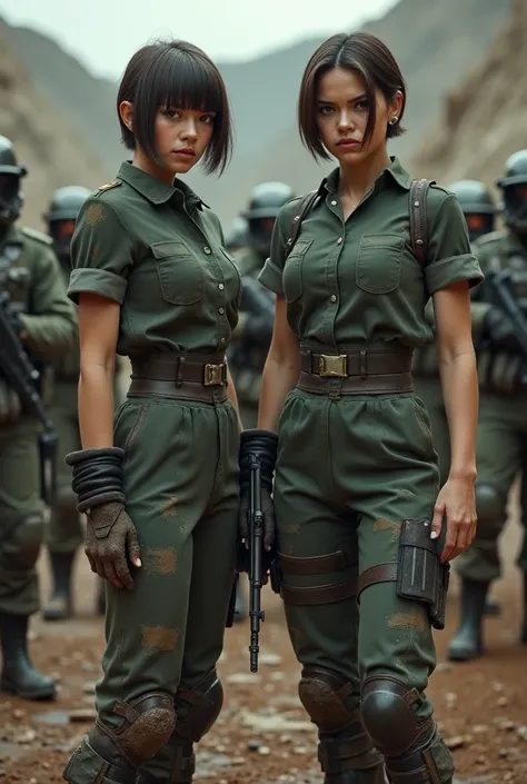 quarry　Two female soldiers are surrounded by enemy soldiers and both hands are raised high
Realistic pictures　Serious face
They are wearing tight military uniforms 　 boots　 Shortcut　 my jacket has my arms rolled up 　
 Her Whole Body Is Dirty with Mud 　Plac...