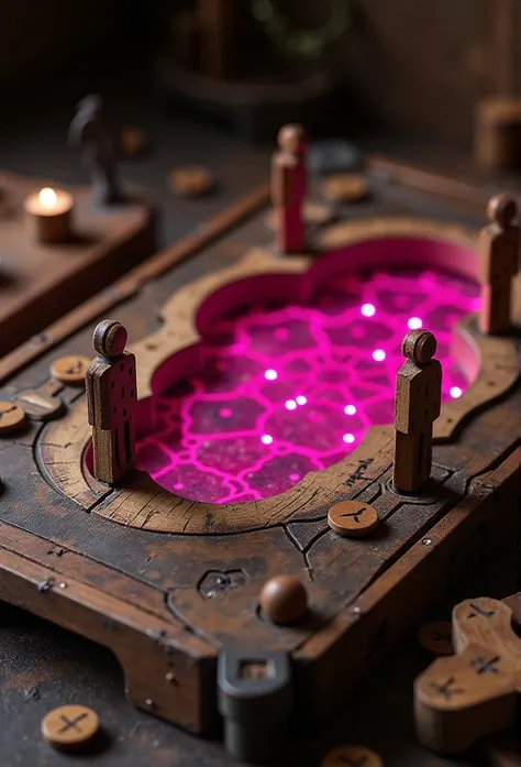 Realistic photograph of an oldschool wooden board game, game like jumanji, magical board game, wooden board, wooden set pieces, wooden play figures in the shape of humans, magical lighting, pink glow, dark aesthetic, dark wood and rusty iron with a pink gl...