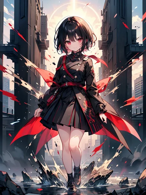 masterpiece, highest quality, highest quality, (no text), Beautiful and aesthetic:1.2),no text,anime、break,anime、break、 one woman、dark haired woman short hair　 Slit Eyes Boyish 　adult　 beautiful eyes　Red and Black　red eyes, cool smile　 skirt　　 Black Coat　F...