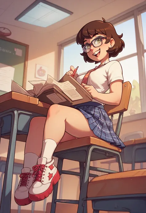 woman in a t-shirt and skirt, shoes, sitting in a chair in a university classroom, shows plain white underwear, brown hair, glasses, smiling