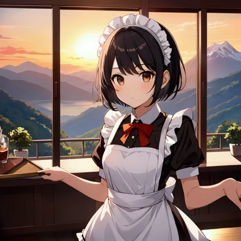 My art style, tsukasa, black hair, short hair, brown eyes, m clothes, maid headdress, waitress, maid, zettai ryouiki, white socks, brown loafers in a room with glass windows and in the background outside mountains with a sunset