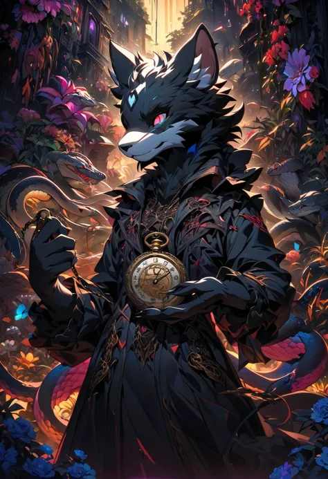 (best quality, high resolution, ultra-detailed)silhouett(kemono, furry anthro)holding striking pocket watch, surrounded by flowers, snakes and darkness, illustrative rendering, intricate details, mysterious atmosphere, vibrant colors, dynamic lighting , Go...