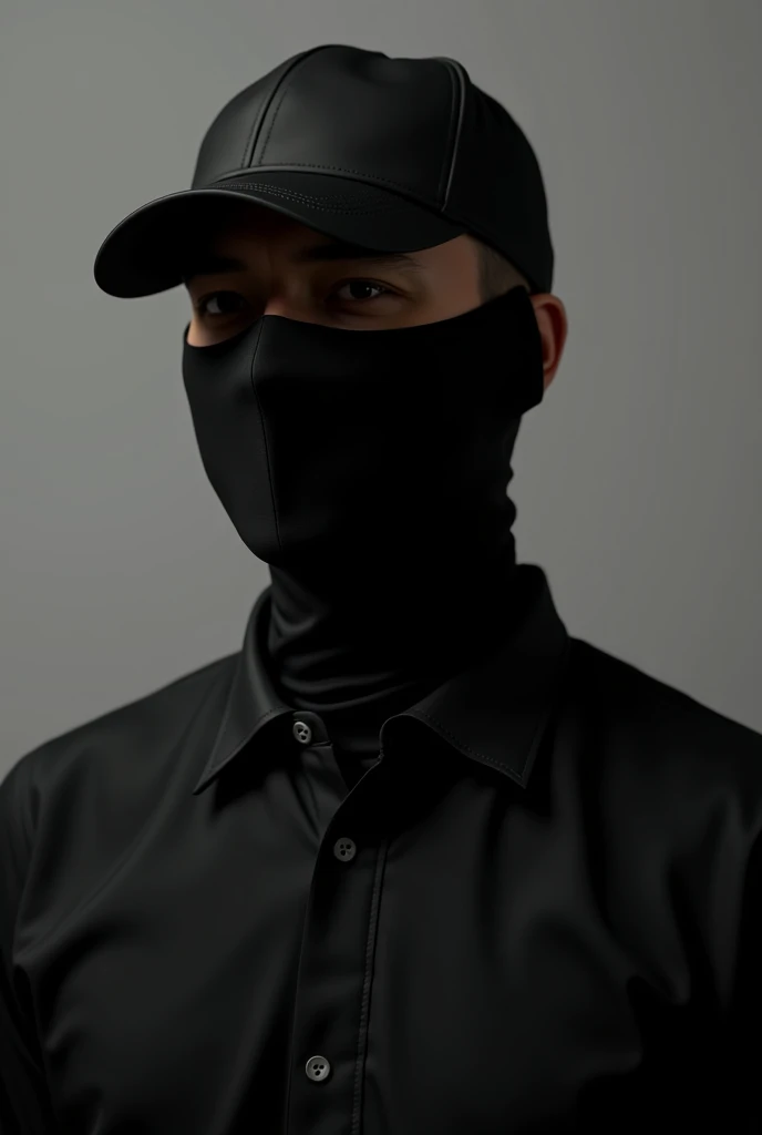 With black shirt and black cap and black mask