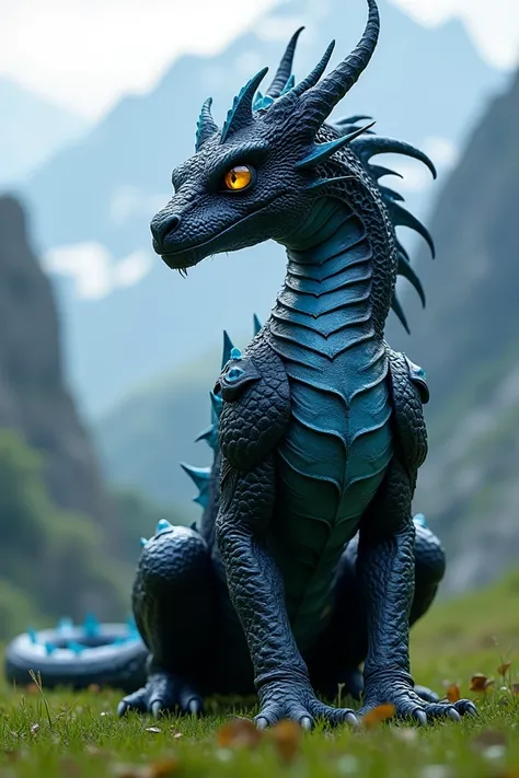 dragon,  black colored body,  Blue color tattoos , golden eyes, beautiful scales , humanoid, on a mountain, WITH LAWN,  High quality image .