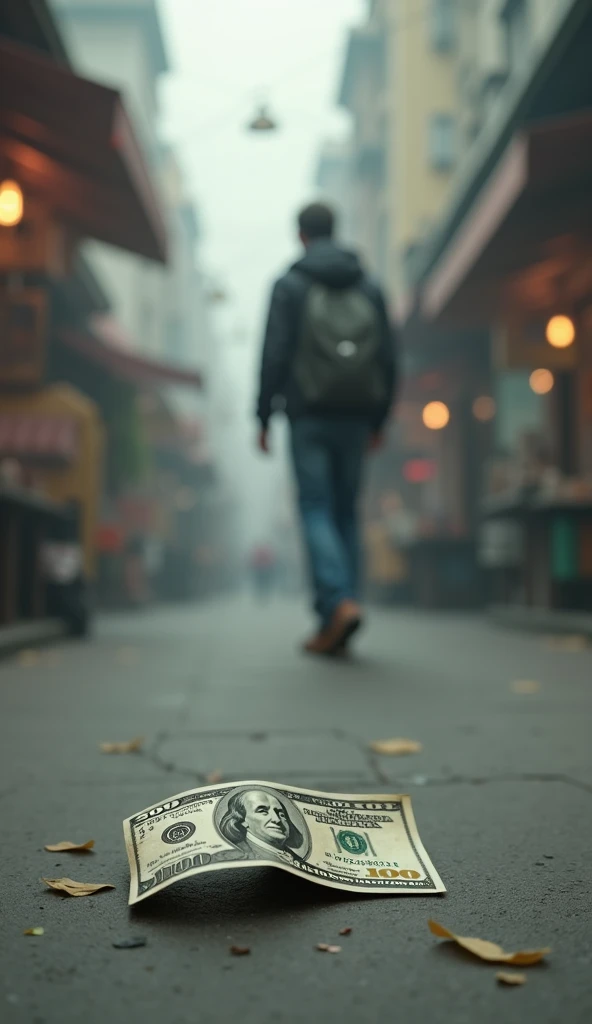 A $50 bill on the floor while walking to the blurry market without people. 