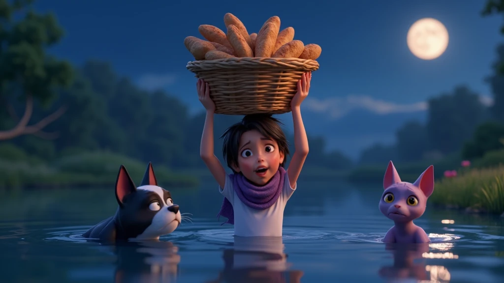 Inspired by the characters in the Disney Pixar movies, create a high-resolution, high-quality 3D image of a girl wearing a lilac scarf protecting her neck, a white t-shirt, holding a basket over her head with a BREAD, SHE STRETCHES OUT HER OTHER ARM WITH H...