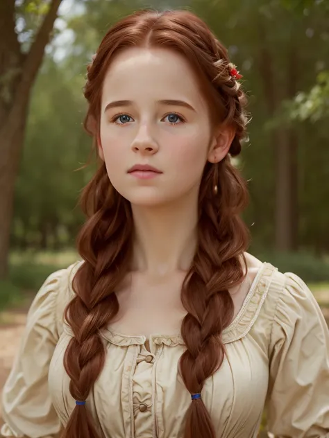 (best quality,4k,8k,highres,masterpiece:1.2),ultra-detailed,(realistic,photorealistic,photo-realistic:1.37), ((a girl wearing 19 century dress, solo, shy)), ((very large bust size for her young age)), braided red hair, pale skin