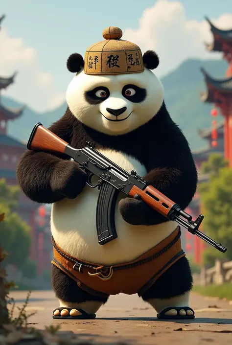 Kung fu panda with AK47 ,  gun wearing a hat with Chinese letters 