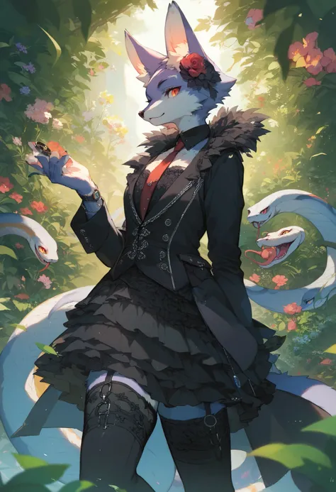 (best quality, high resolution, ultra-detailed)silhouett(kemono, furry anthro)holding striking pocket watch, surrounded by flowers, snakes and darkness, illustrative rendering, intricate details, mysterious atmosphere, vibrant colors, dynamic lighting , Go...