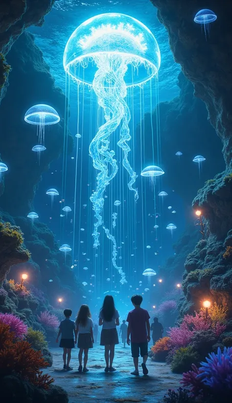 an underwater school ,  where ren use holograms of light generated by jellyfish.