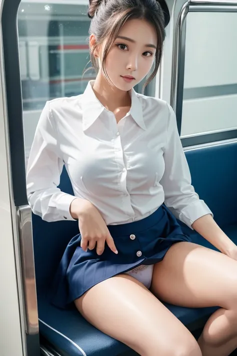 (( top quality, 8k,   masterpiece  )),  spread your legs slightly、Beautiful married woman sitting in a train seat, Showing her panties to the camera、show pantie, bun hair, ( white button shirt), ((tight shirt 1 .4)),  ruffle skirt、whole body