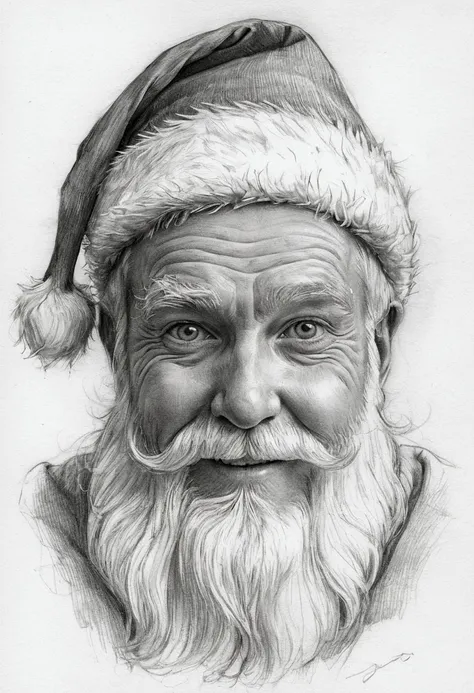 A delicate pencil sketch of a joyful  wearing a classic Santa hat, their big, sparkling eyes full of wonder. The focus is on the bust, with soft shading and flowing lines emphasizing the holiday cheer and innocence of hood