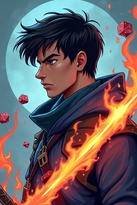 Simple style, profile picture, for school dnd club, dice, fire, swords, magic