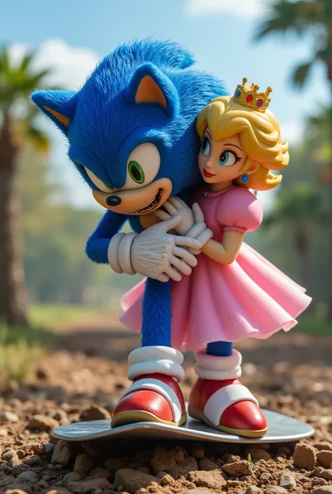 a beautiful vibrant photo of a disgustingly realistic and disgusting Sonic the Hedgehog carrying princess peach on his arms like a princess, sonic is standing on top of the Silver Surfer, as if surfing on top of a laid down silver surfer. Hyperrealist soni...