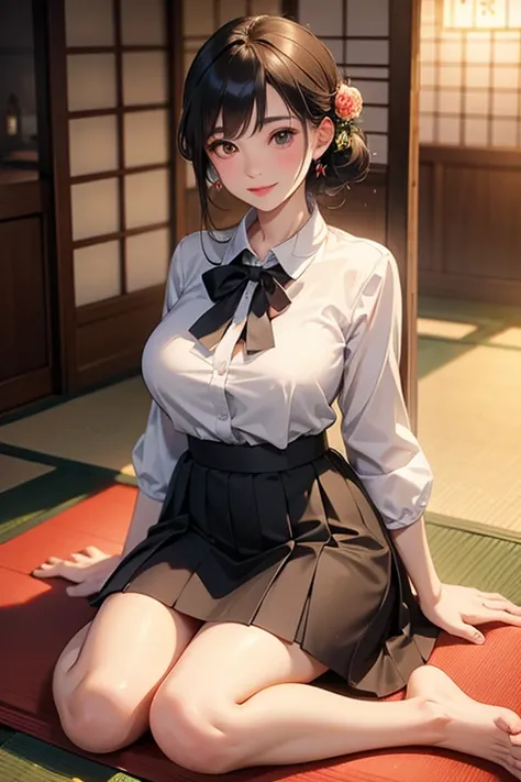 (( top quality)), ((  masterpiece  )), (  detailed hands , Detailed Fingers ,Detailed feet), perfect anatomy,  1 28 year old Japanese girl, Side view of a girl,Turn your face to the viewer and smile at the viewer,Big Breasts,Sexy office lady,White collared...