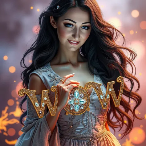 an image of  a  beautifully   woman black long hair striking  eyes smiling face  holding up the word corectly Monday ” in ornate, golden 3D lettering with colorful  fuchsia lime  neon smoke swirling around. The person is  wearing a light-colored dress with...