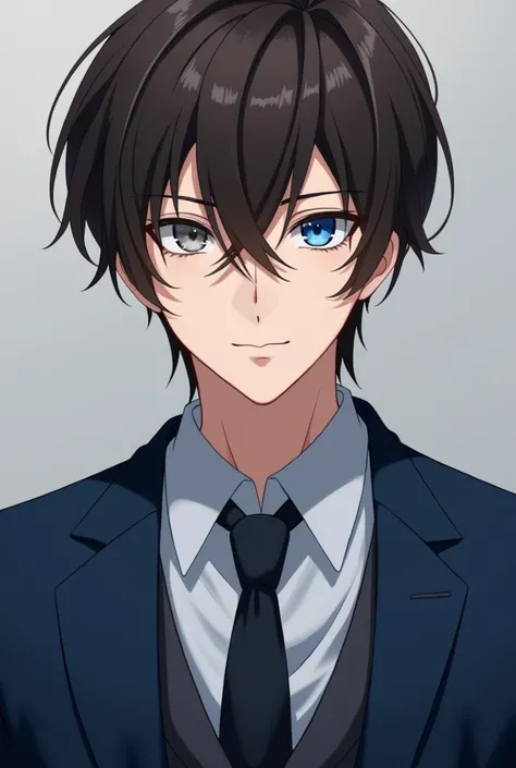 A handsome mature ANIME GUY with Dark brown hair and a gray left eye; blue right eye wearing a blue colored suit.